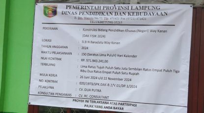 Dugaan Penyimpangan Rehabilitasi SLBN Way Kanan Dilakukan Oknum Rekanan CV Dua Putra